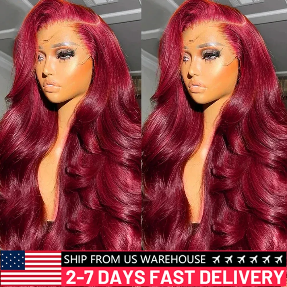 32 inch Burgundy Body Wave Lace Front Wigs Human Hair 99j 13x6 13x4 HD Lace Frontal Wig Brazilian Glueless Wig Red Colored Wigs