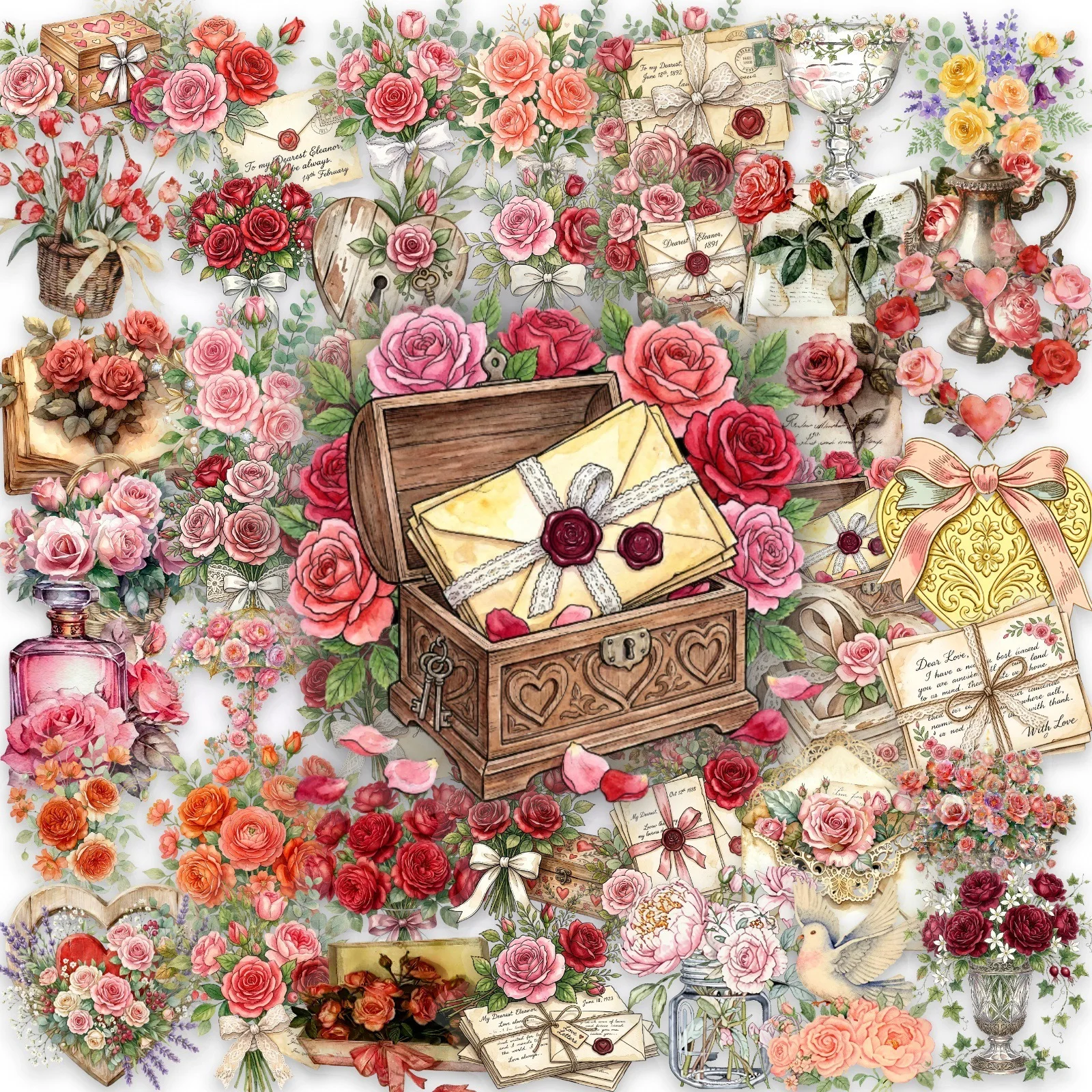 50PCS Vintage Rose Floral Stickers Love Letter Bouquet Gift Box Pattern Waterproof Transparent PET Decals for Journal DIY Decor