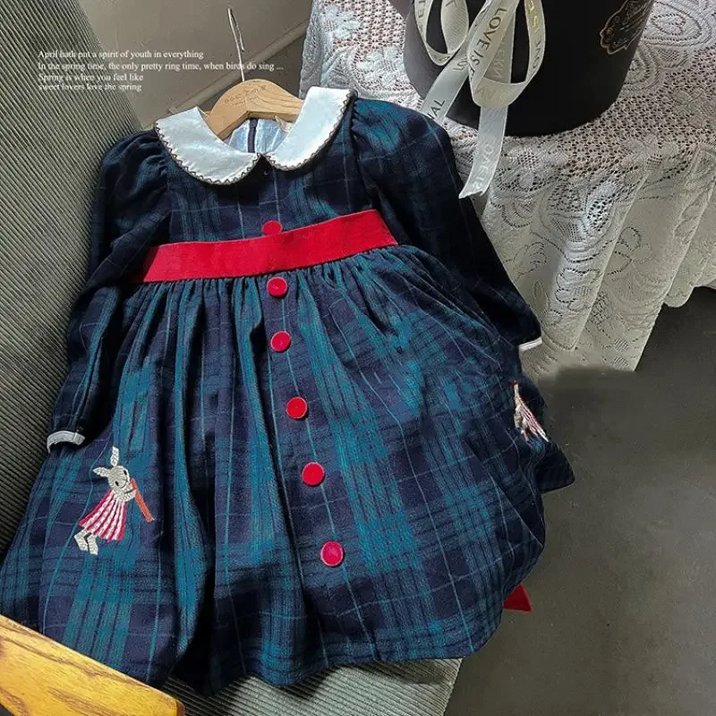 

2023 New Girls Dresses for Eid Kids Autumn Fall Plaid Carton Bunny Rabbit Embroidery Ball Gowns Toddlers Lolita Dress Christmas