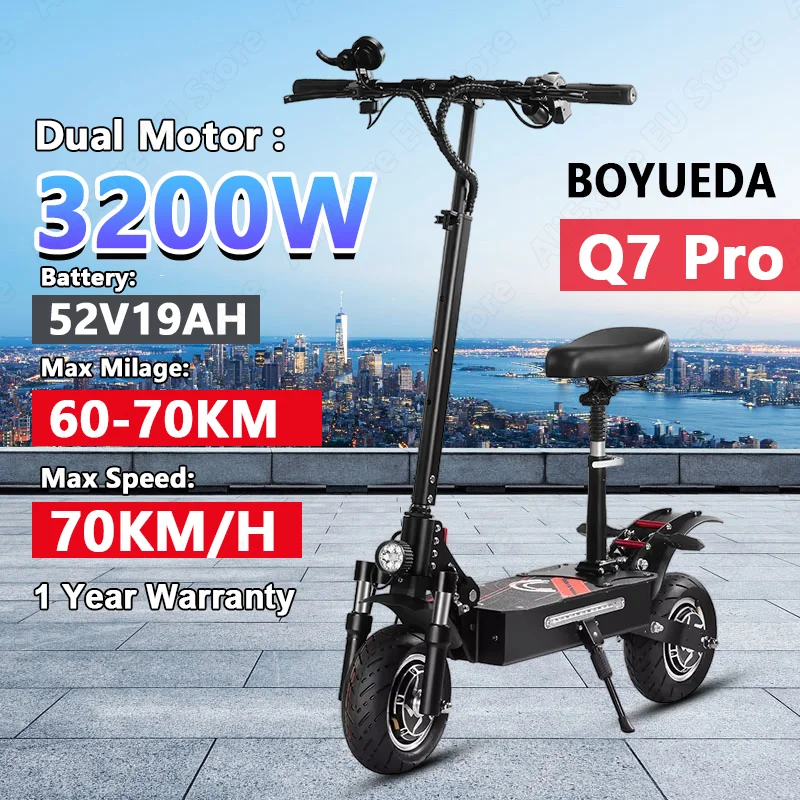 

Электроскутер Boyueda Q7Pro, 3200 Вт, двойной двигатель 52 В1 9 Ач, аккумуляторные амортизирующие сиденья, Электрический скутер 10*3,5 дюймов, бесшумные шины