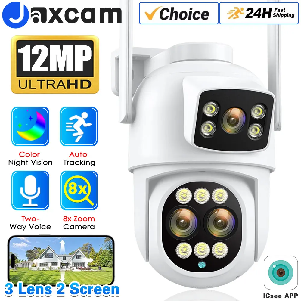 

iCSee 12MP PTZ Wifi Three Lens Dual Screen Auto Tracking 8X Digital Zoom Outdoor Security Protection CCTV Surveillance Camera