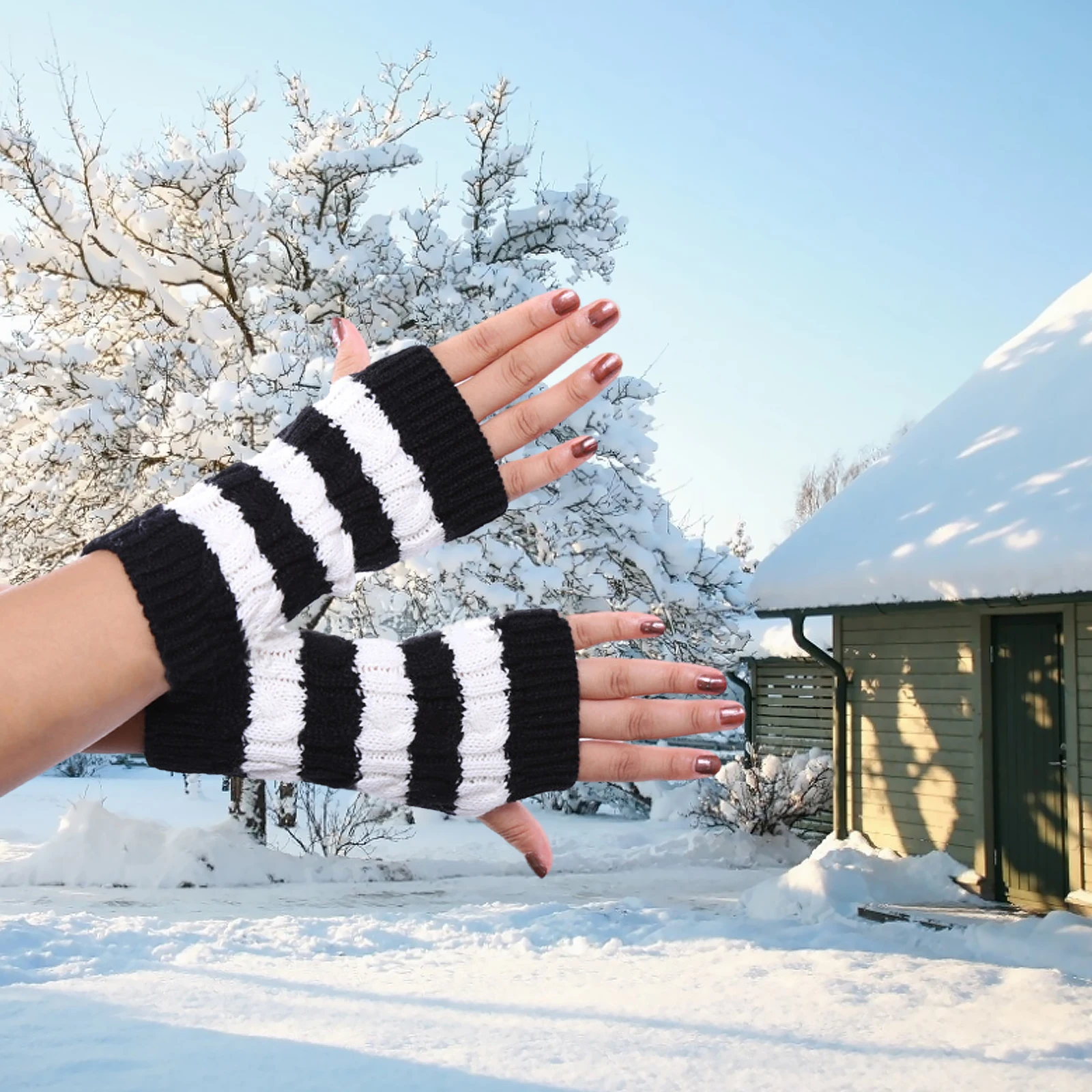 

Half Finger Knitted Winter Gloves Stripe Woolen Yarn Durable H made Cycling Driving Running Golf Fishing Boating Gardening