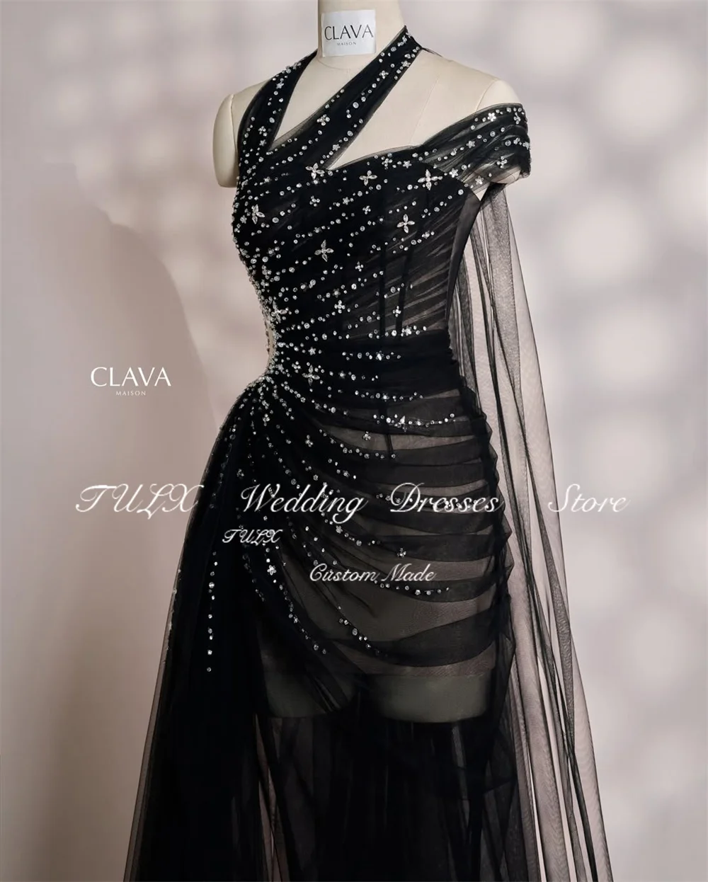 فستان سهرة عربي فاخر من التول الأسود من TULX فساتين حفلات مطرزة سباركلي مثيرة حورية البحر فستان رسمي طويل مخصص للمناسبات