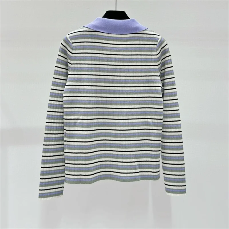 Autumn Women Sweater Tops M163558 Polo Design Stripe Colour Oversized Sweater Jumper Long Sleeve Top Medium Strecth Loose