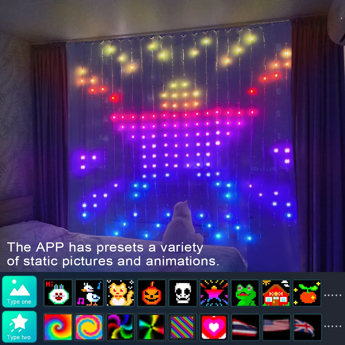 Luci a corda per tende a LED USB 5V RGB con telecomando APP Modalità musicale Immagine fai da te Modello di animazione Festival di nozze di Natale