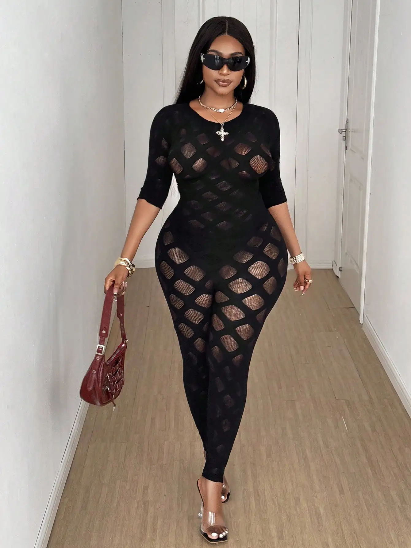 Women's Plus Size Sexy Jumpsuit See Through Sheer Mesh Bodycon High Waist Stretchy Web Pattern Slim Fit Jumpsuit for Club Party view 4
