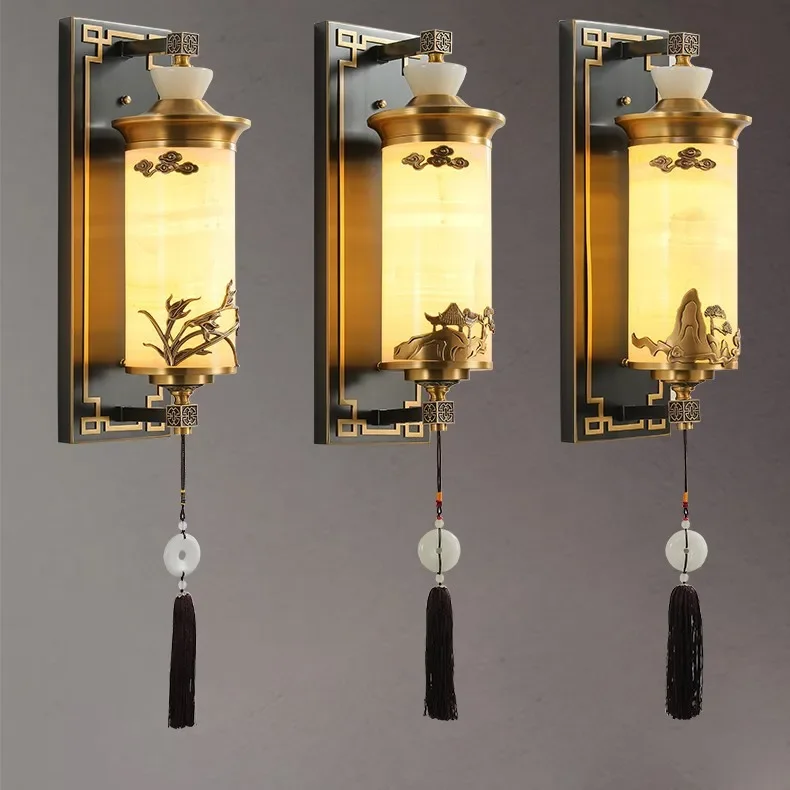Jade neue chinesische Wandlampe, neuer ganz aus Kupfer im chinesischen Stil, Wohnzimmer-Zen-Nachttischlampe, Veranda-Gang
