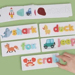 Wooden Spelling English Words Puzzles Games with 25 Learning Cards,26 Lowercase English Letters Blocks Montessori Teaching Aids