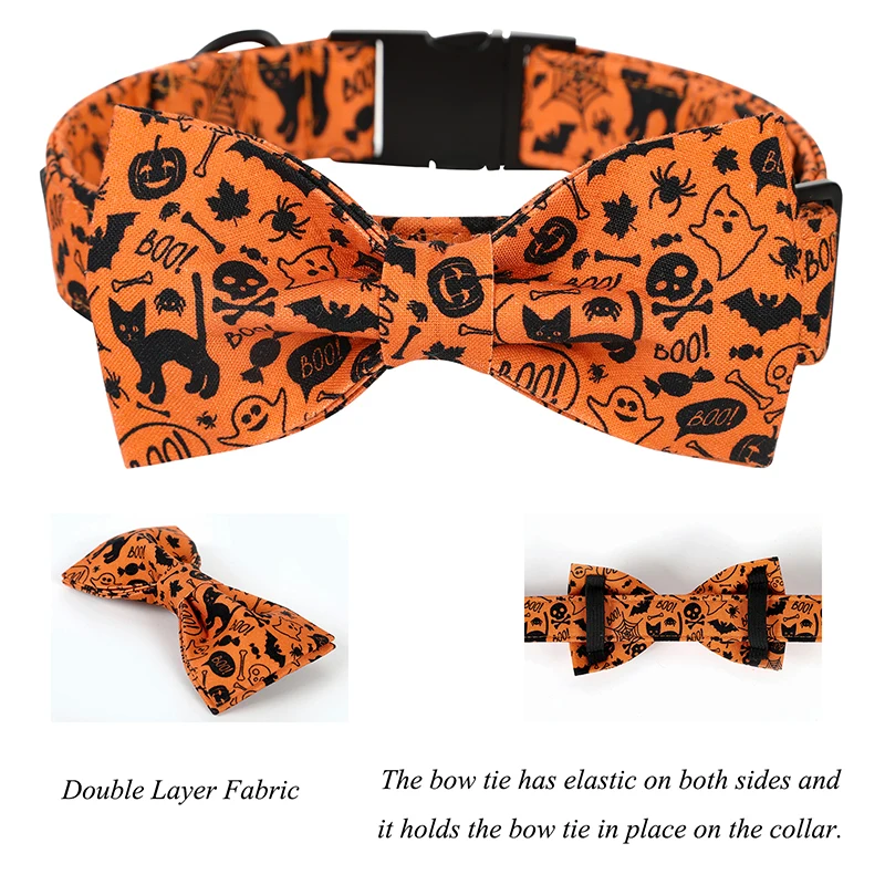 Engraved Unique Style Paws Halloween Dog Collar with Bow Autumn Dog Collar and Flower Pet Dog Collar Large Medium Small Dog