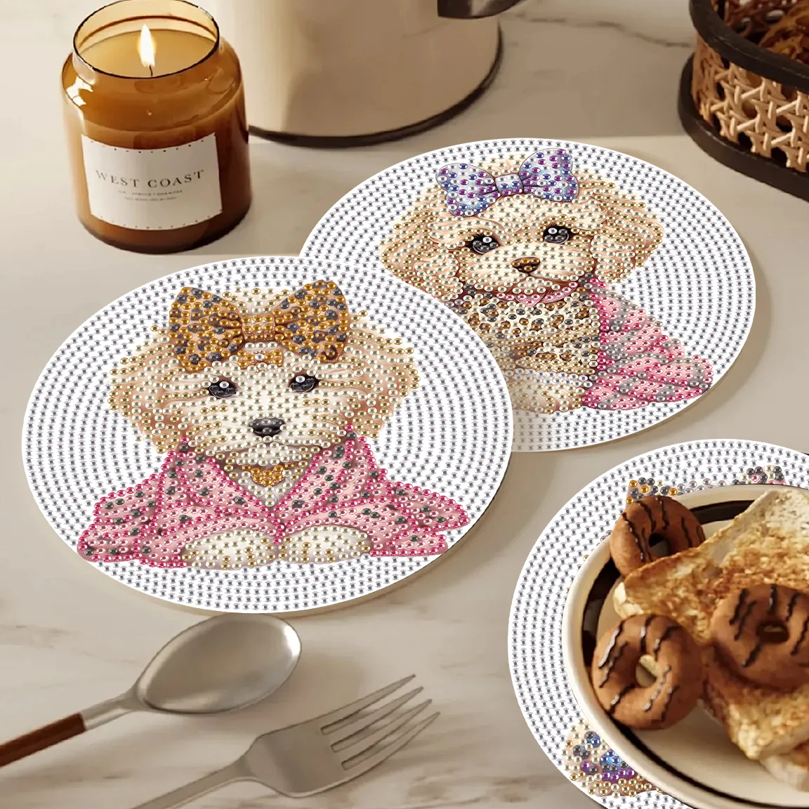 3 قطع الماس الفن اللوحة تحديد الموقع أطقم، لطيف جرو الماس جولة مكان الحصير الحرفية الجدول الحصير الجدول المطبخ للمنزل ديكور هدية #4