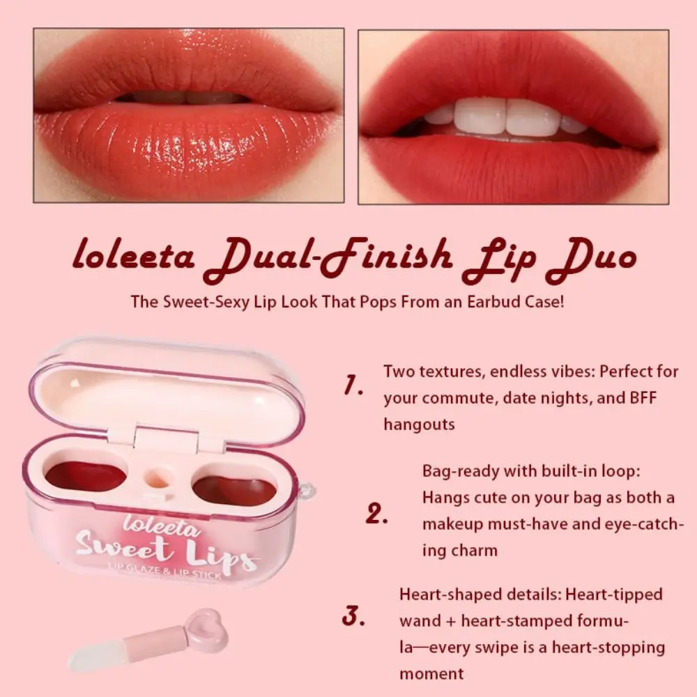 Rossetto Vellutato Opaco 2-in-1 alla Moda, Rossetto Glitter Impermeabile che Valorizza la Carnagione, Lucidalabbra a Forma di Cuffie a Lunga Durata