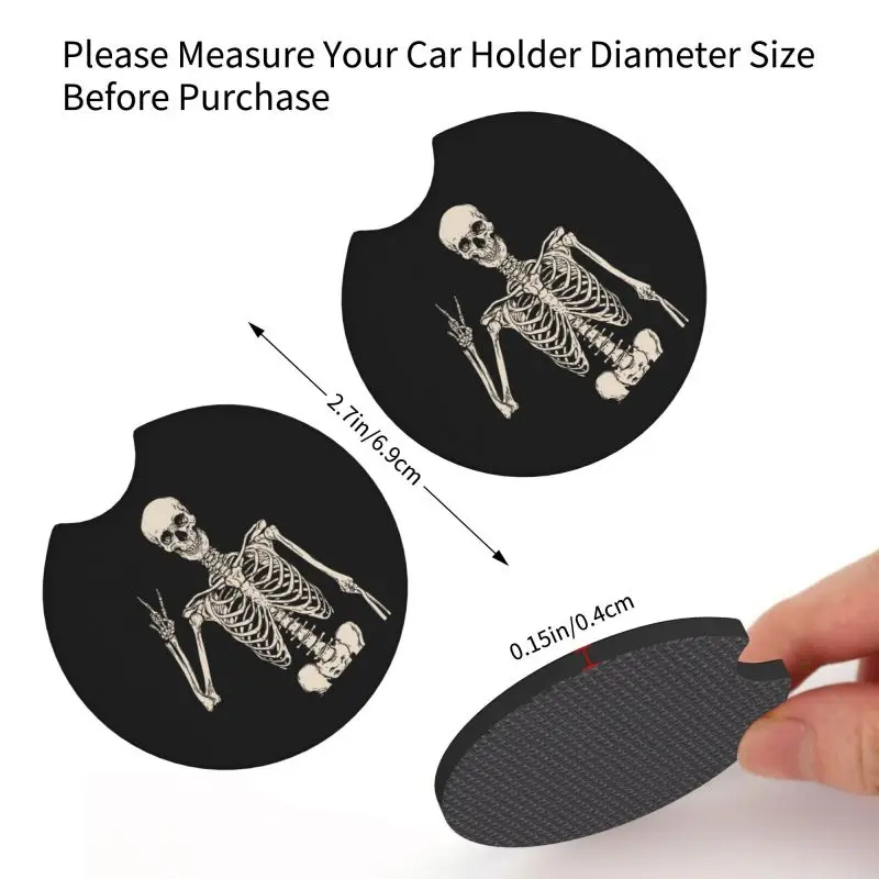 Black Skull Shape Coasters, Universal Non-Slip Car Cup Holder Coasters 2.7 Inch, Rubber Backing Coasters with Finger Grooves