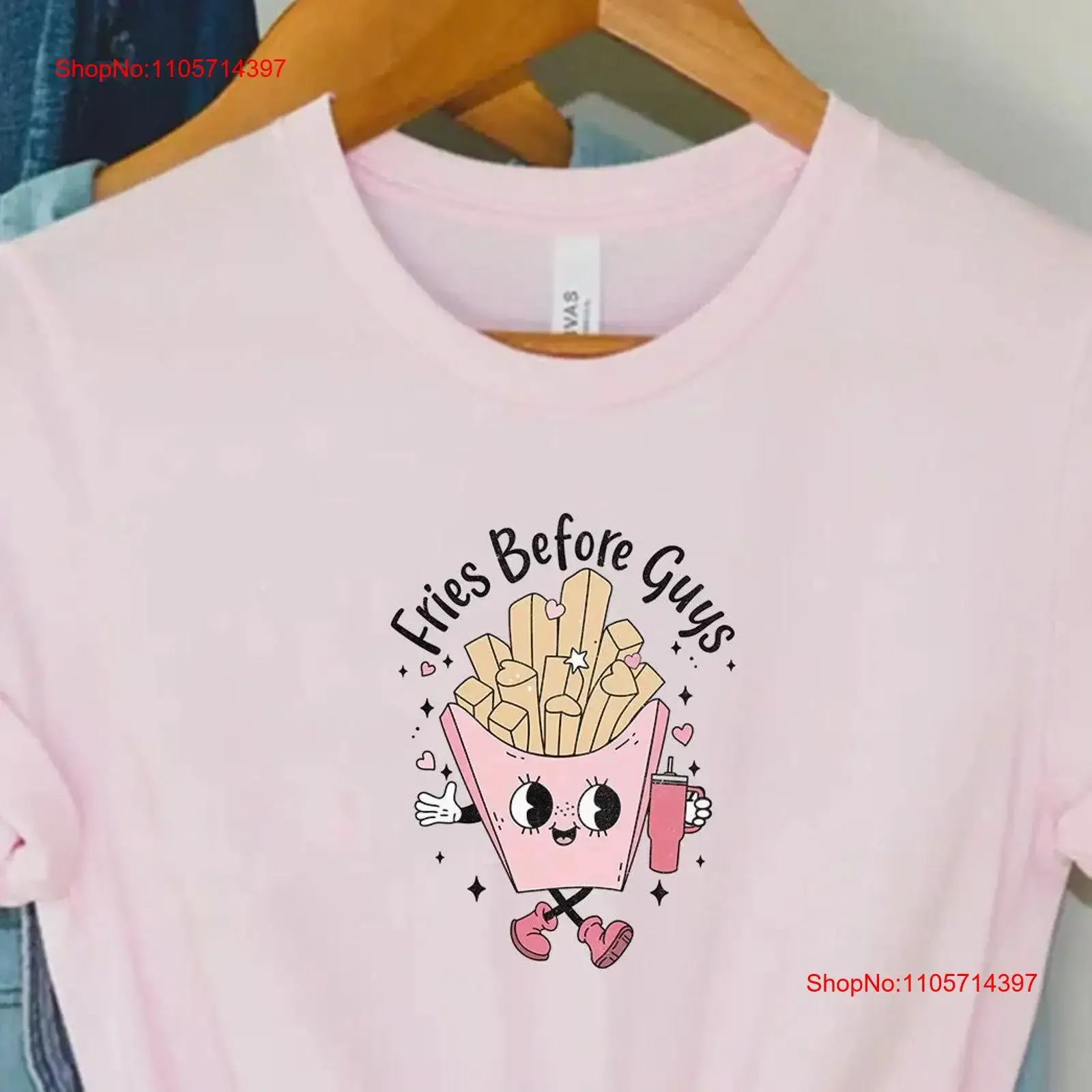 Fries Before Guys T Shirt Funny Valentine for Her Valentine's Day Girls Women vintage Washed Stretched Top For Everyday Wear