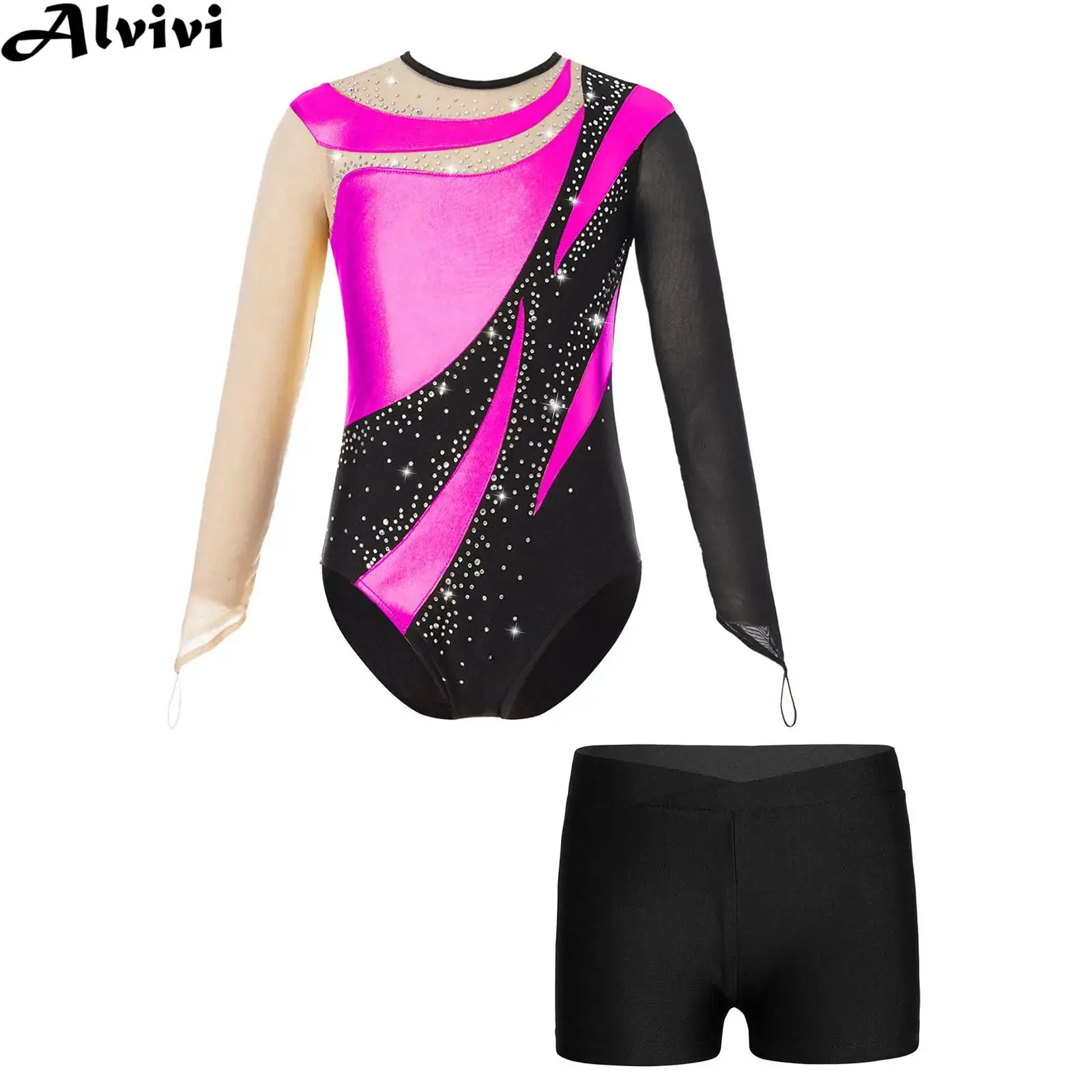 

6-16Y Kids Girls Long Sleeve Ballet Dance Leotard Figure Skating Gymnastics Acrobatics Sports Bodysuit with Shorts Dancewear