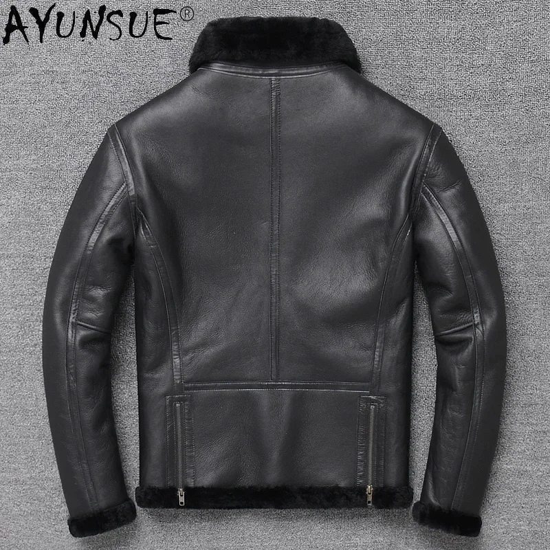 AYUNSUE Genuine Leather Jacket Men Real Fur Winter Male Sheepskin Coat Shearling Warm Vintage Flight s