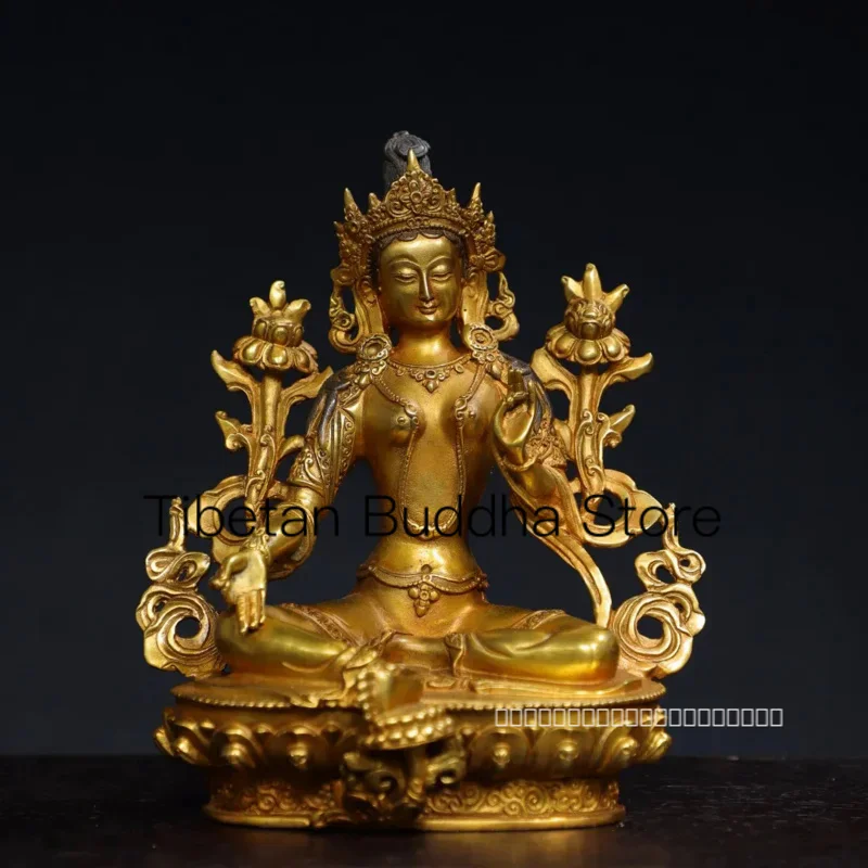 

20cm Nepalese Tibetan brass gilded Guanyin Bodhisattva green Tara seated ornament