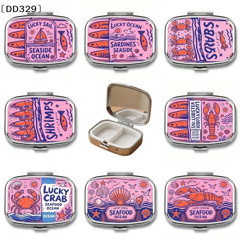 1Pcs Retro Sardine Print Pill Box 2-Compartment Metal Mini Organizer For Women Travel Jewelry Medicine Candy Storage〔DD329〕