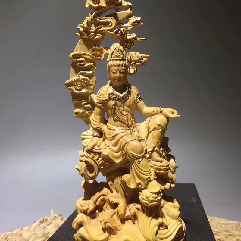 Hubei Lobular Boxwood Water And Moon Kuan-Yin Wood Carving Sculpture Decoration Drawing Gold Version High 18 Long 7.3 Thick 4.8