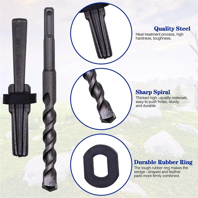 AT19-6PCS Rock Splitting Wedges & 1PCS Rotary Hammer Drill Bit, Tools For Stone & Concrete 14Mm