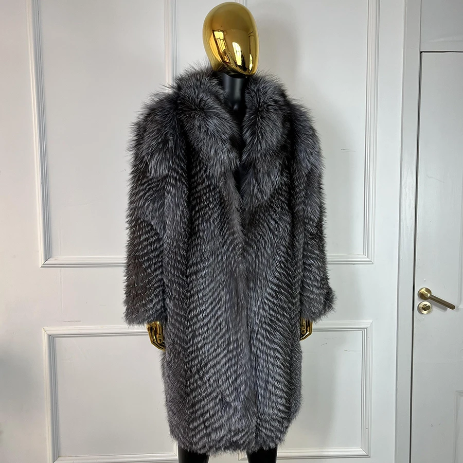

Long Silver Fox Fur Coat With English Collar Natural Full Skin Fox Fur Jacket Furry Jacket Best Selling Real Fur Jacket For Men