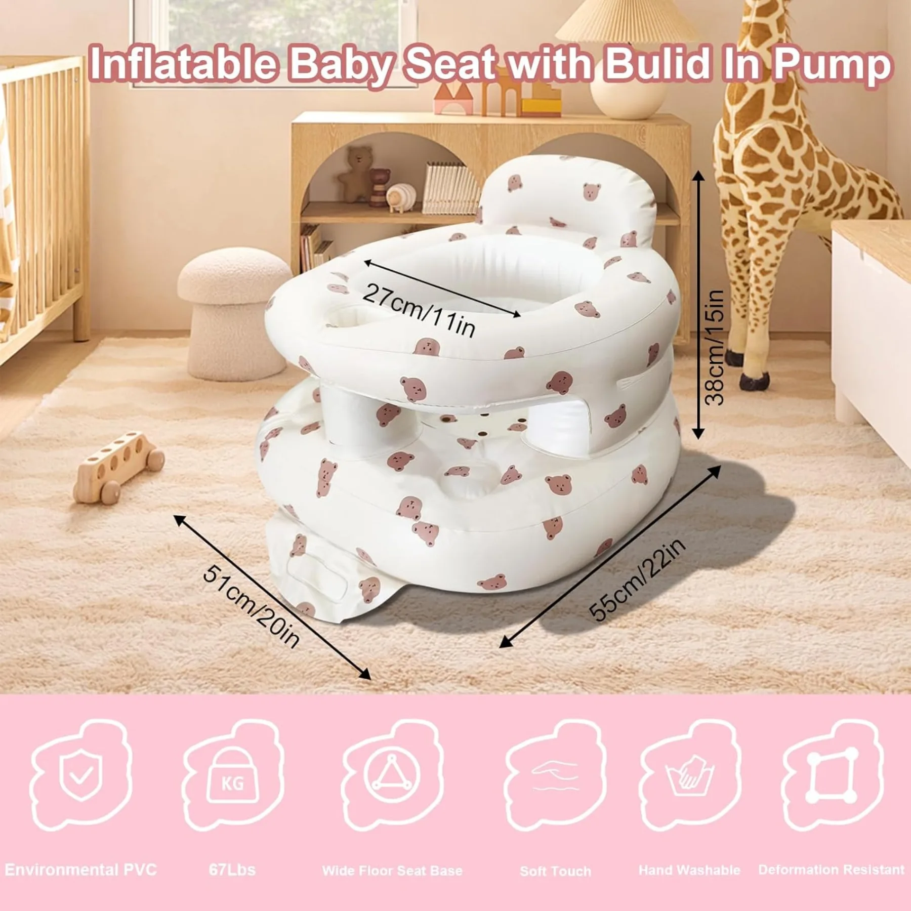 Inflatable Baby Seat 3-36M, Portable Blow-Up Chair with Fence, Air Pump & Back Support, Bear Style for Home Travel image 2