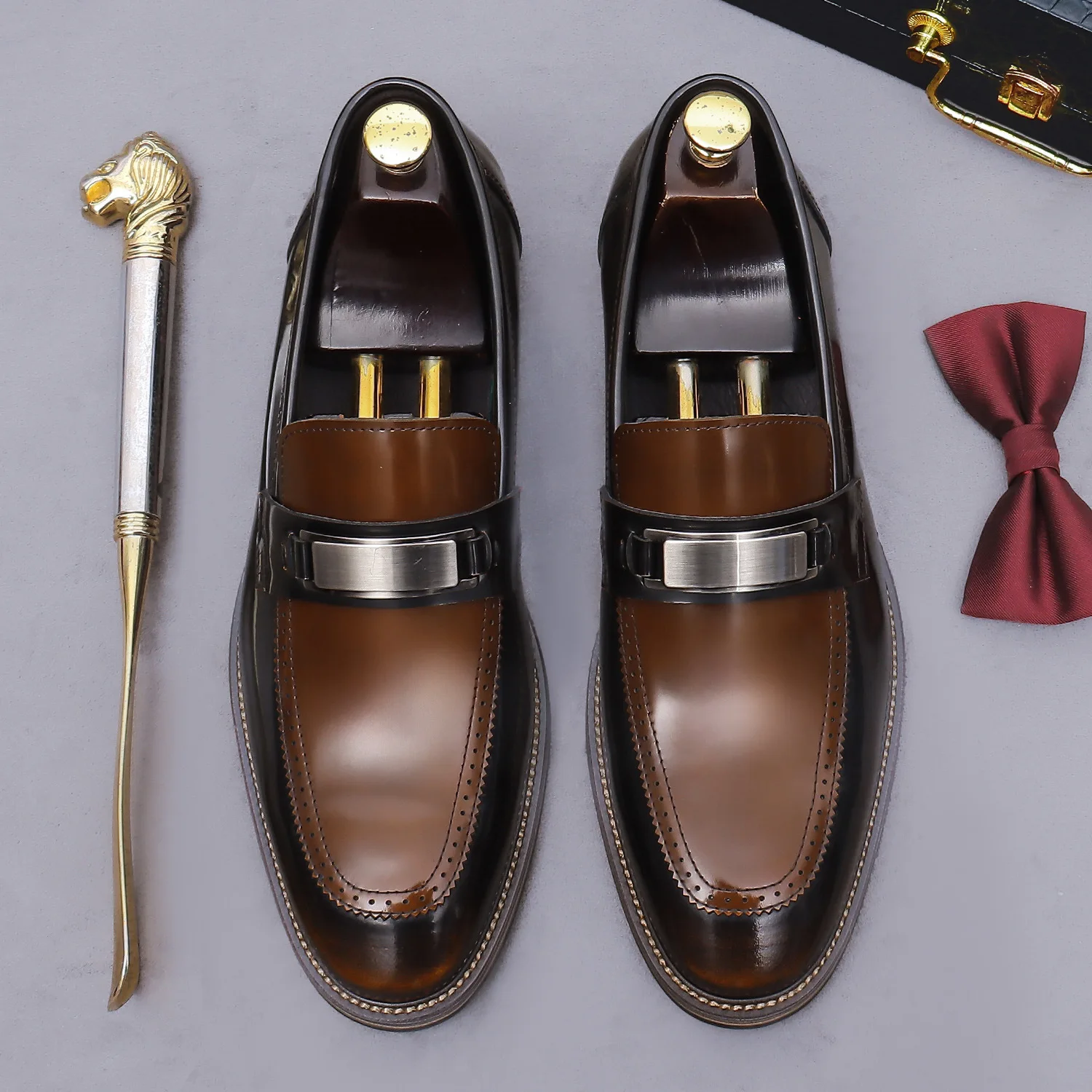 Penny Loafers Metal Buckle Genuine Leather Brogue Perforated Slip On Dress Shoes 3Cm Height Increasing Stacked Sole Footwear New