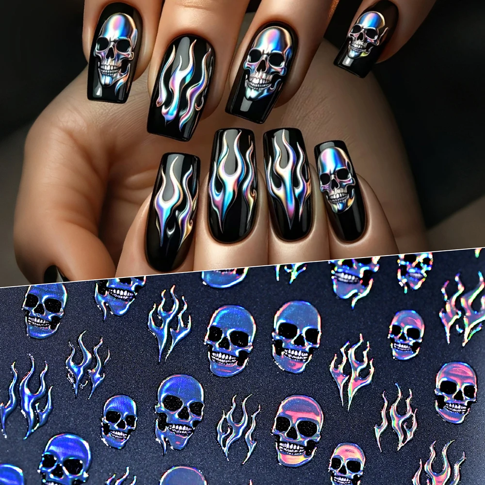 1 Stück Halloween Glitzer Laser Totenkopf Flammen-Nagelaufkleber 5D Holographisches Skelett Feuer Gothic Nagelsticker Y2k Gruselige Nageldekoration – Detail 3