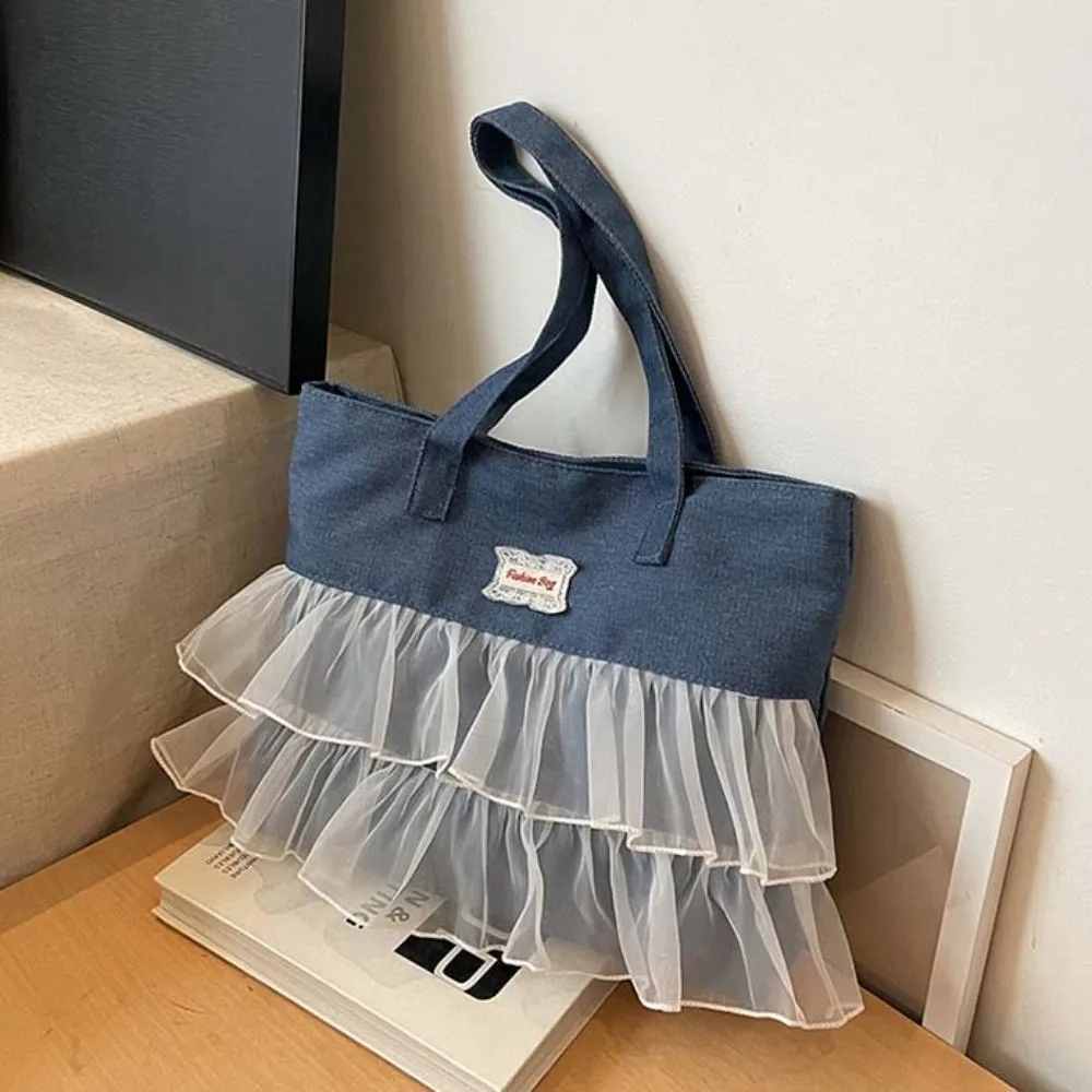 حقيبة التخزين المحمولة الدنيم الأزرق حمل حقيبة سعة كبيرة الكورية نمط الدنيم الدانتيل حقيبة يد تنوعا الأسود تحت الإبط حقيبة الصيف