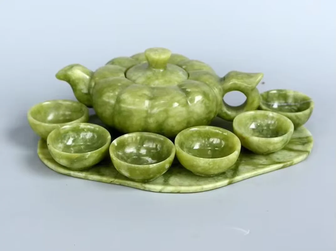 

Natural 100% A Sets Green Jade Carved Pumpkin Wine Tea Pot Cup Plate