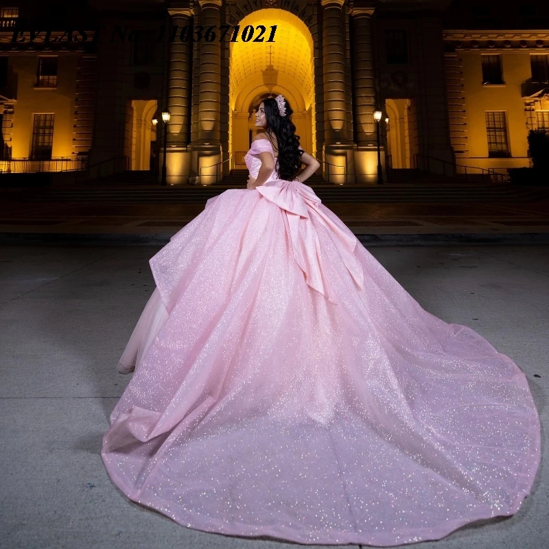 EVLAST personalizado Rosa vestido para quinceañeras vestido De baile brillante apliques con cuentas arco escalonado mexicano dulce 16 Vestidos De 15 Anos SQ526