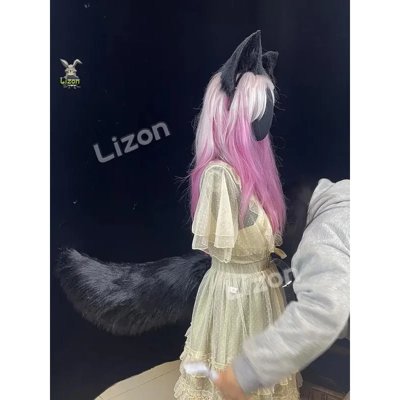 DY20Anime Fox Tail Cosplay Electric Tail Wireless Remote Control White Fox Tail Black Animals Tails Ears Handmade Furry Large Ta