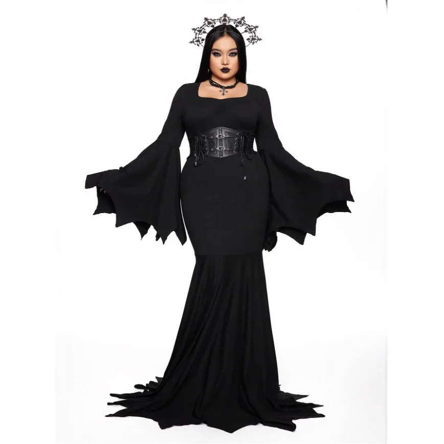 Vrouwen Mode Halloween Lange Mouw Slim Fit Swing Jurk Dames Sexy Grote Vleermuis Mouw Fishtail Jurk Dames Heks Feestjurk