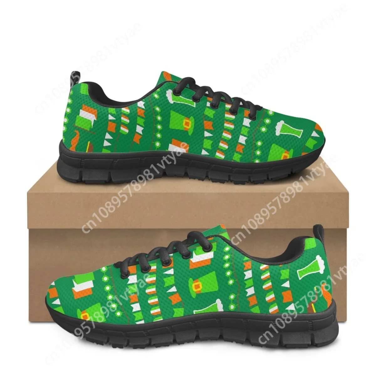 Luxury Design St. Patrick's Elements Print Women Flat Shoes Irish Flag Pattern Lace-up Sneakers Breathable Casual Walking Shoes