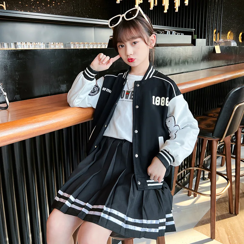 

Spring Teen Girls Baseball Jackets Kids JK Uniform Black Crop College Style Jacket + Skirt 2 Pcs Set Sports Varsity Bomber Coats