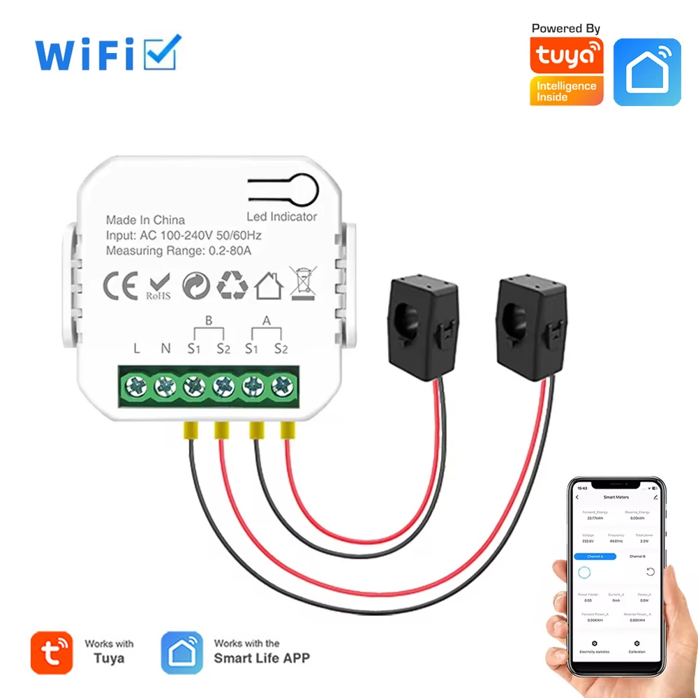 Tuya Smart 80A Energy Meter WiFi 1/2 Channel Current Transformer Clamp Solar PV System Real-time Monitoring Meter APP Control