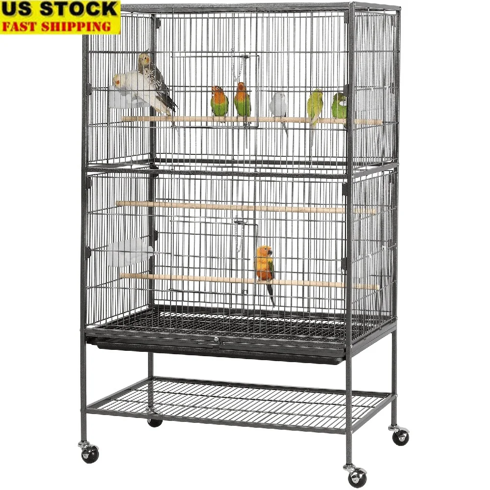 

Large Metal Rolling Bird Cage 52" with 3 Perches 4 Feeders Small Medium Birds Safe Secure Easy Clean