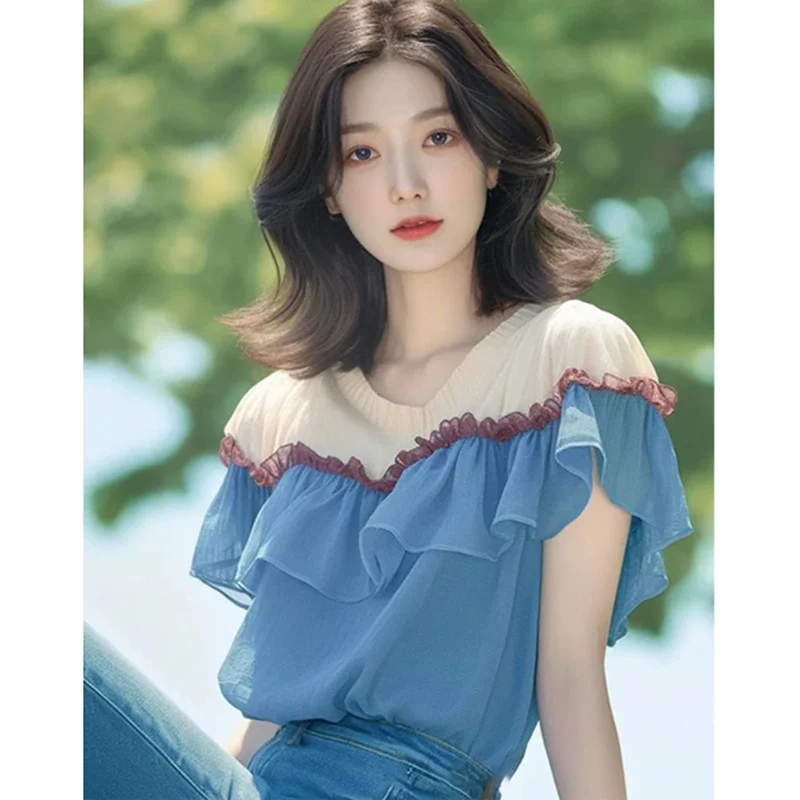 

Модные блузки с v-образным вырезом и милыми оборками, женская одежда, новинка лета 2023, свободные корейские пуловеры, топы, универсальные рубашки