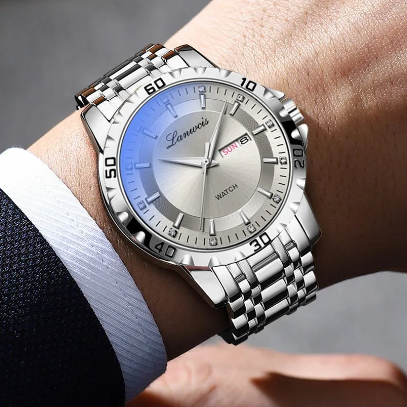 ساعة رجالية، كاجوال عصرية بحزام فولاذي وتقويم كوارتز مضيئة للأعمال #4