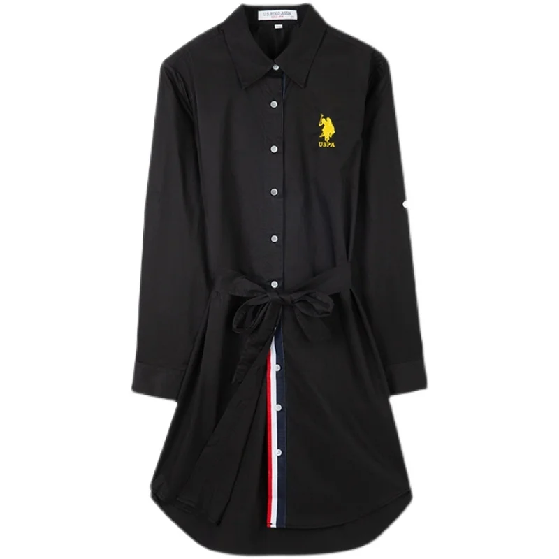 Printemps pur coton longue Sve irt Dr OL Sle femmes minceur Faion col carré a-ligne jupe conception à bouton unique