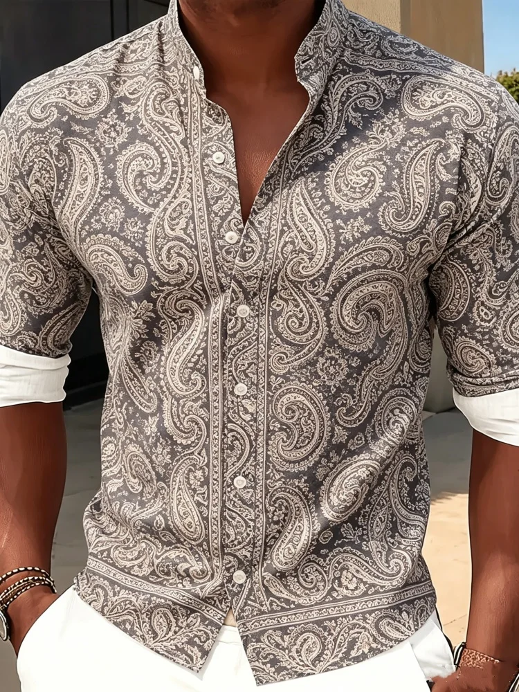 

Mens Stylish Slim Fit Shirt Grey Beige Paisley Pattern Long Sleeve Plus Size Elegant Retro Casual Blouse
