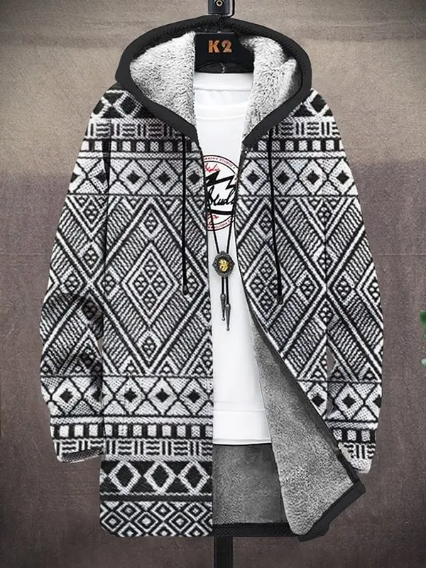 

Men's Colorful Geometric Patterns Print Fleece Lined Hooded Trench Coat Overcoat Unisex Thick Warm Jacket
