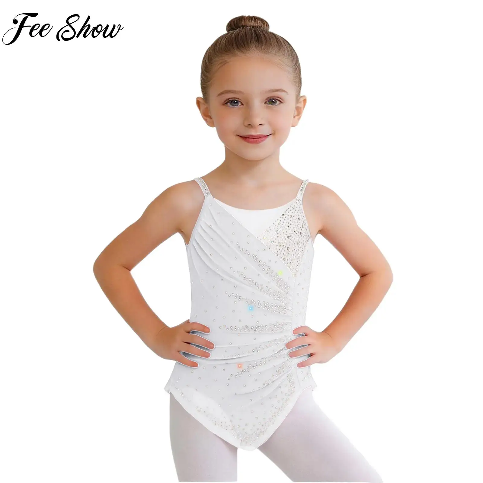 

Балетное трико-платье для девочек, для фигурного катания и танцев, с блестящими стразами, в стиле колор-блок, балетное платье-пачка, одежда для лирических танцев