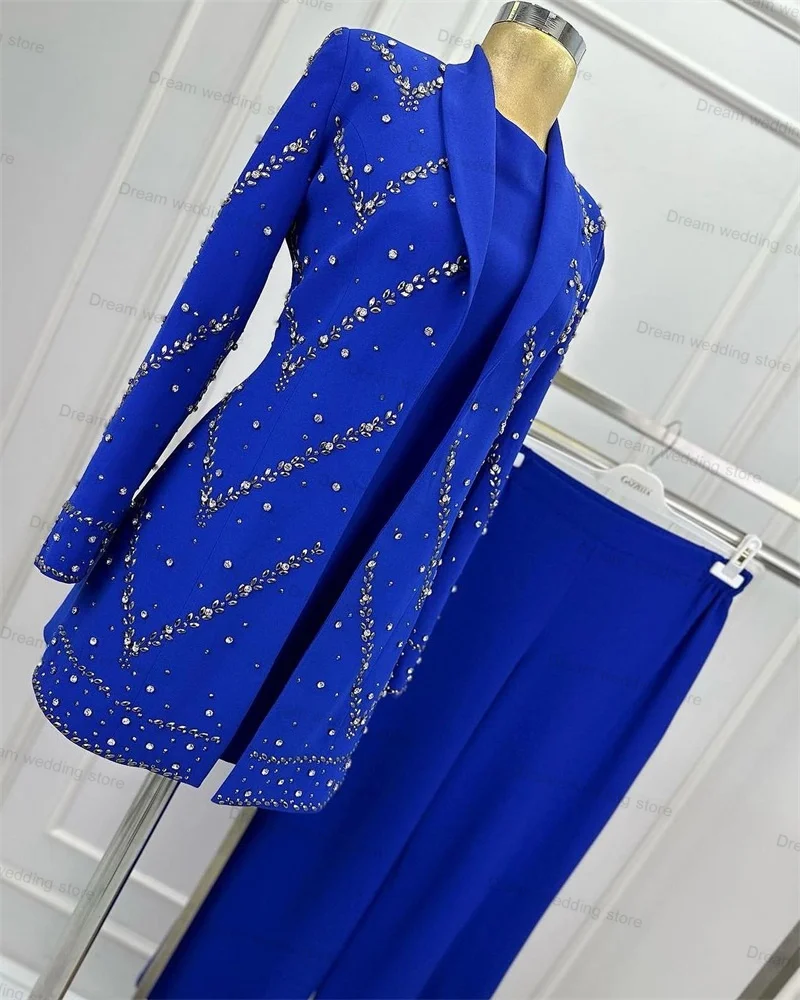 Royal Blue Crystals completi da donna Set 2 pezzi Blazer + pantaloni Luxury Wedding Tuxedo Prom Dress Jacket pantaloni Custom Mad Coat