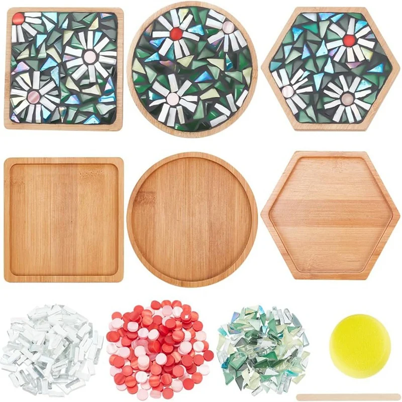 3 Styles DIY Mosaic Craft Set Floral Mosaic Bamboo Coaster Set For Handmade Art Home Decoration