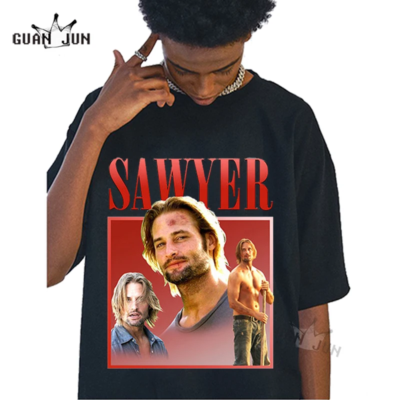 SAWYER Graphic Tees Men Streetwear LOST T-shirt Birthday Gift Summr Short Slleve Unisex Loose Top Baggy Boyfriend Tee Shirt