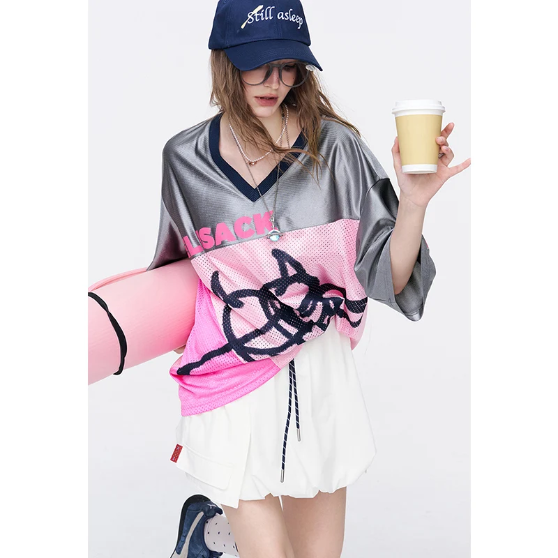 ELFSACK Oversized Colorblock Jersey T-Shirt, Mesh & Satin Patchwork Tee , Sporty Streetwear Top for Women