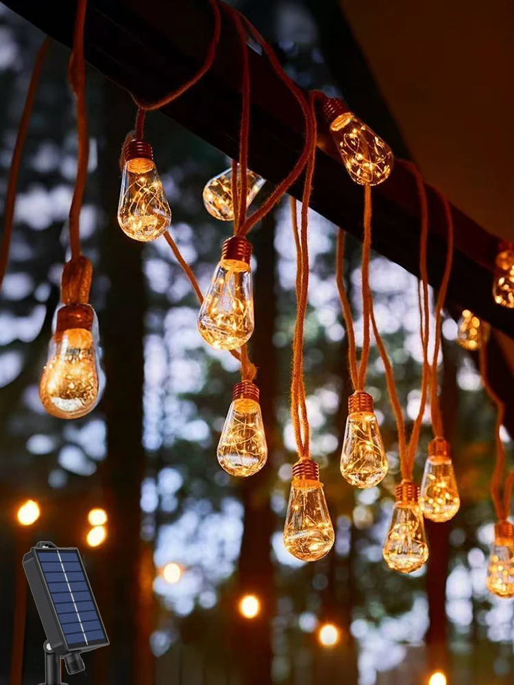 Guirlande solaire d'extérieur de 7m, avec 16 ampoules incassables, corde de chanvre Vintage, lampe LED étanche pour Patio, tente, jardin, décoration de noël