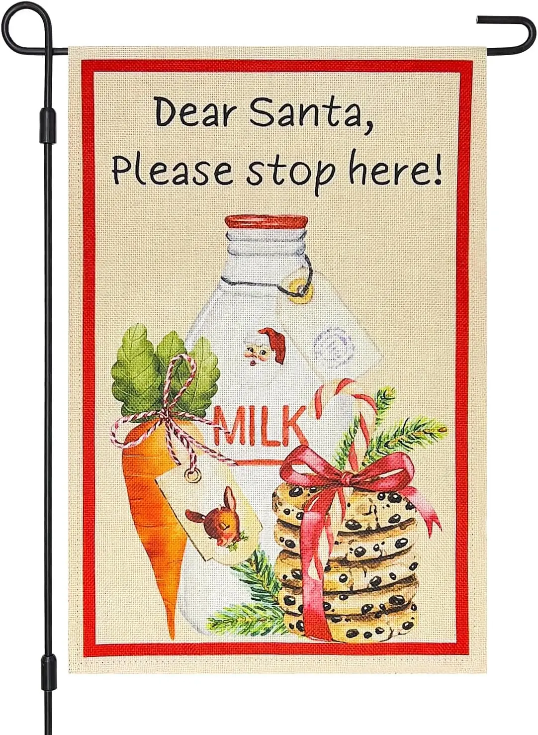 Dear Santa Please Stop Here Christmas Garden Flag,Double Sided 12×18 Inch Burlap Xmas Eve Santa Milk and Cookie Elk Carrot Outsi