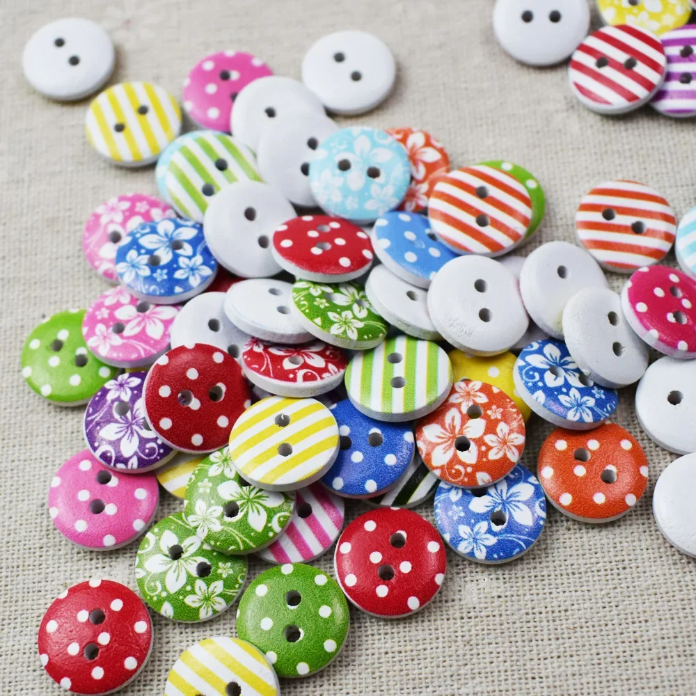 50PCS Flower Round Wood Button Handmade Round Wooden Buttons with 2 Holes 15MM for Sewing Craft Accessories