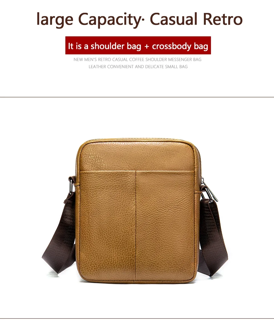 Bolsa de ombro de couro masculina, couro de vaca de camada superior, bolsa mensageiro pequena, bolsa casual para celular